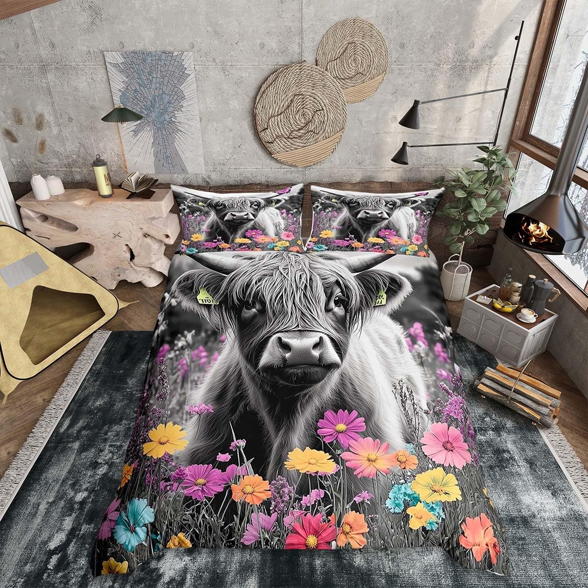 Homemissing Highland Cow Bedding Set King Size Highland Cattle Duvet Cover Set Farmhouse Animal Bedding for Boys Kids Bedroom Decor,Daisy Duvet Cover with 2 Pillowcases — image 1