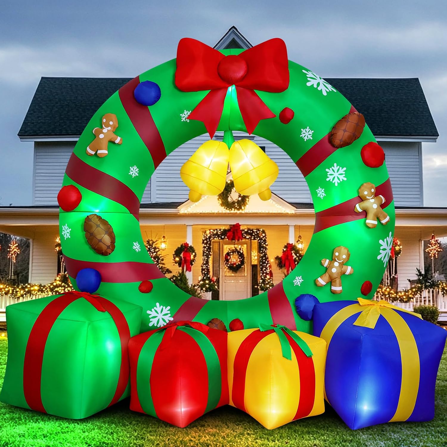 Max Fun 10FT Giant Inflatable Christmas Wreath Outdoor Decor Blow Up Xmas Wreath with Gift Boxes Bells LED Lights Holiday Yard Lawn Garden Decoration