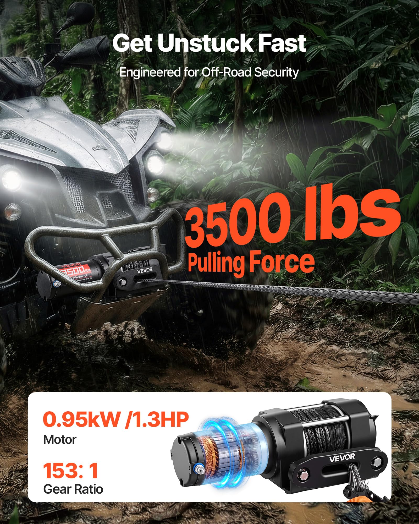 VEVOR Verricello Elettrico con Cavo da 1587 kg, Verricello Elettrico da 12 V CC per ATV/UTV Fuoristrada con Fune Sintetica Ø 5,5 mm x 10 m, Telecomando Cablato, Protezione IP55 per Recupero Stradale