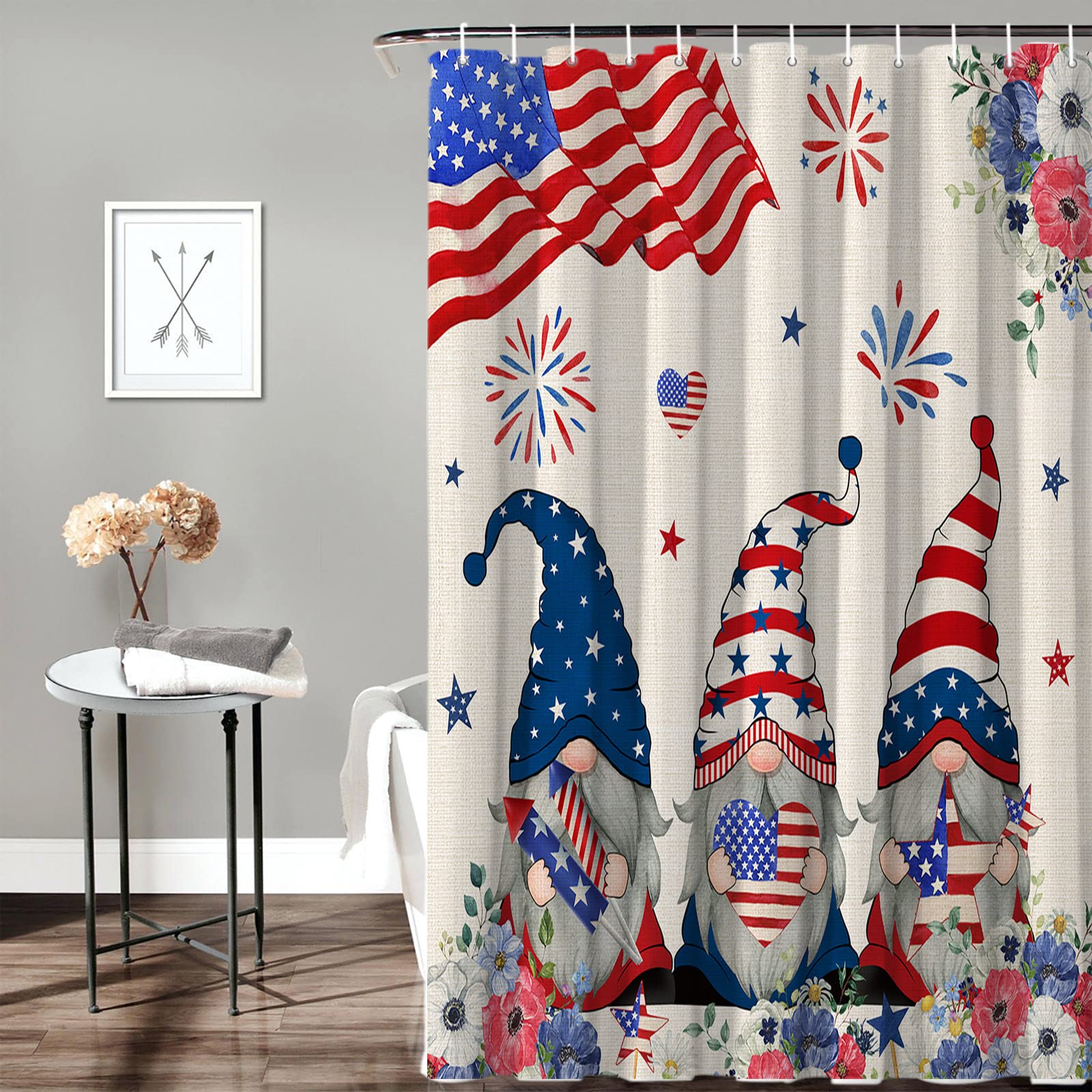 4. Juli Küchenvorhang-Set – 3-teilig, Mit Amerikanischer Flagge & Mohnblumen, Stangentasche, Für Fenster
