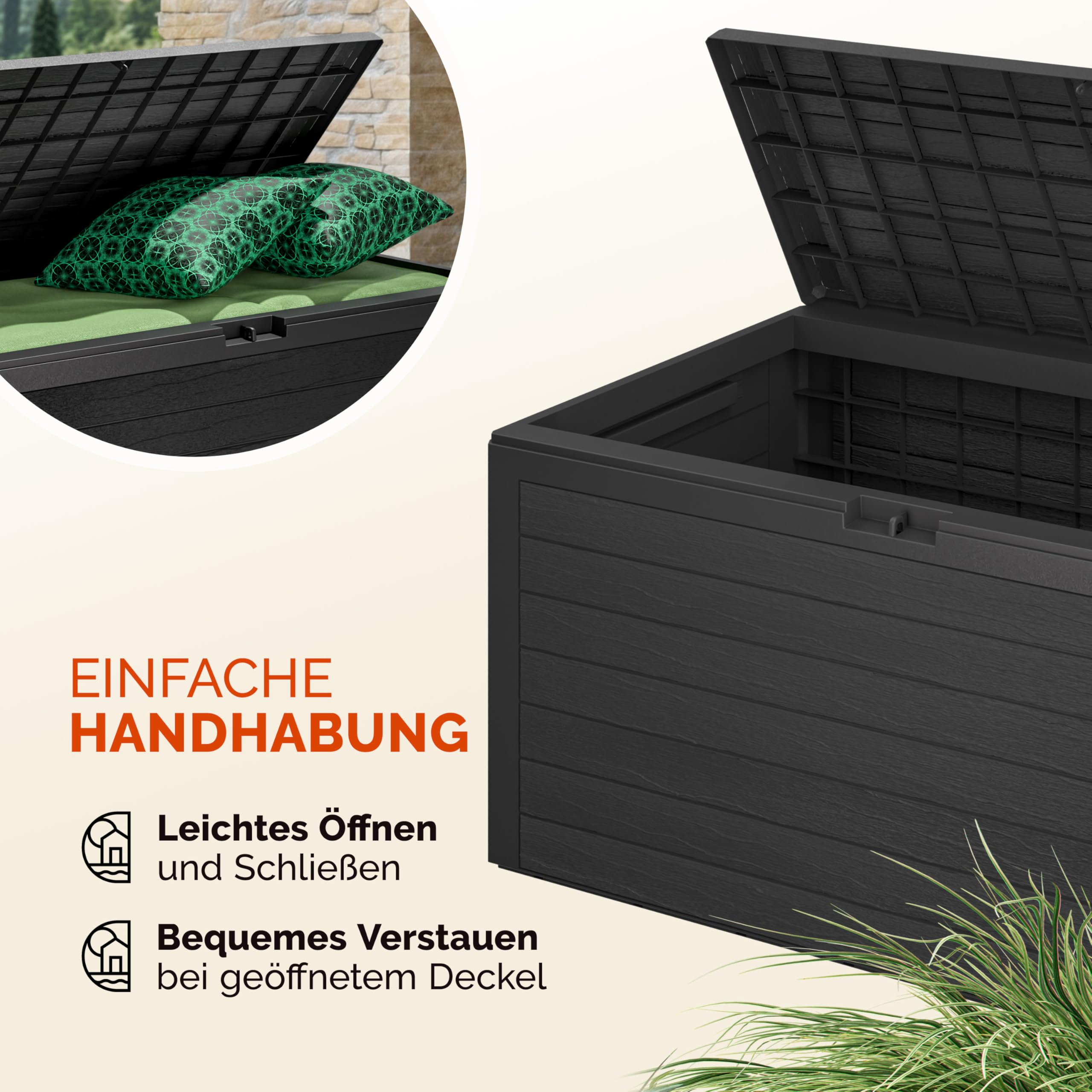 Casaria® Gartenbox 280L UV-beständig Griffmulden Verschlussvorrichtung Balkon Terrasse Wohnzimmer Wintergarten Kissenbox 116x43cm Holz-Optik Anthrazit