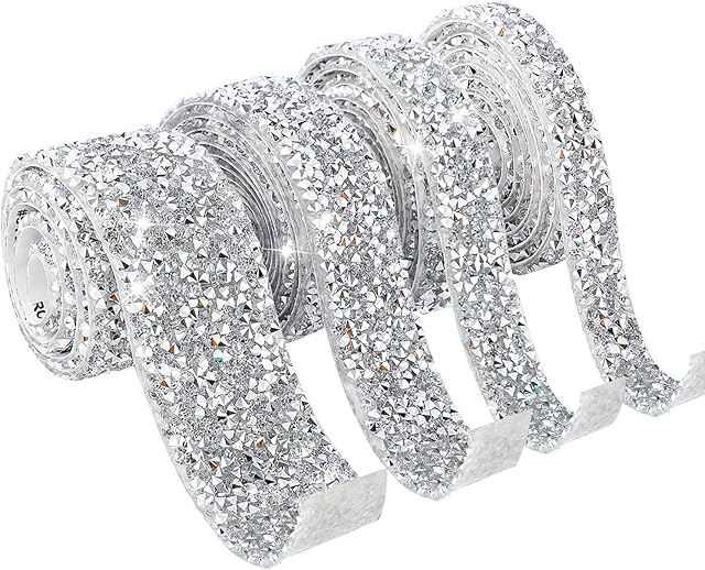 4 Rolls Silver White Rhinestones Ribbon, 3.6Yard Stick on Diamante gems Crystal Art Accessories Silver gems Bling Home Accessories rhinestonesstickers for Clothes Resin Crafting Cake Decoration Girls