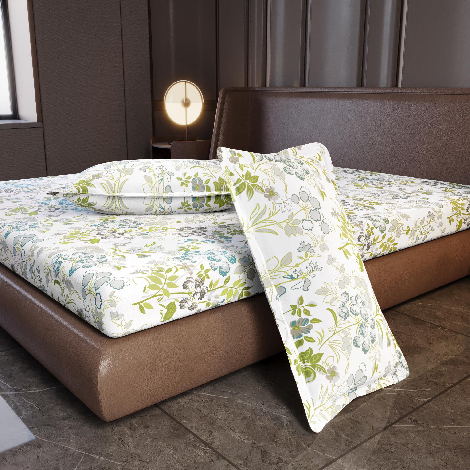 Divine Casa 100% Cotton King Size Bedsheet with 2 Pillow Covers | Soft Skin Friendly Breathable Bed Sheet Set for King Size Bed | Printed Bedding for Bedroom | 270 x 270 cm (Green Blush, Floral)