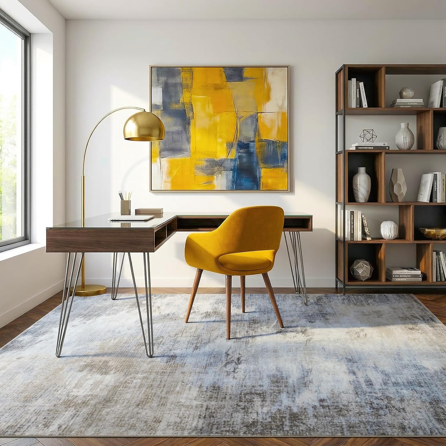 HQAYW 4x6 Abstract Area Rug for Living Room, Washable Soft Modern Rugs, Non Slip Stain Resistant Indoor Carpet for Kids Nursery Dorm Bedroom Kitchen Office Home Decor, Blue Grey