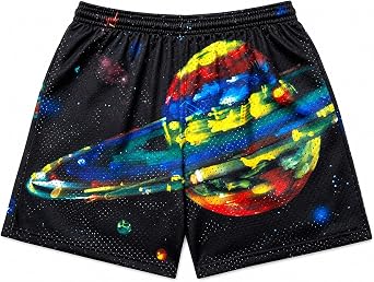 Mens Mesh Basketball Shorts Graphic Print Loose Fit Retro Streetwear Quick Dry Athletic Shorts with Pockets