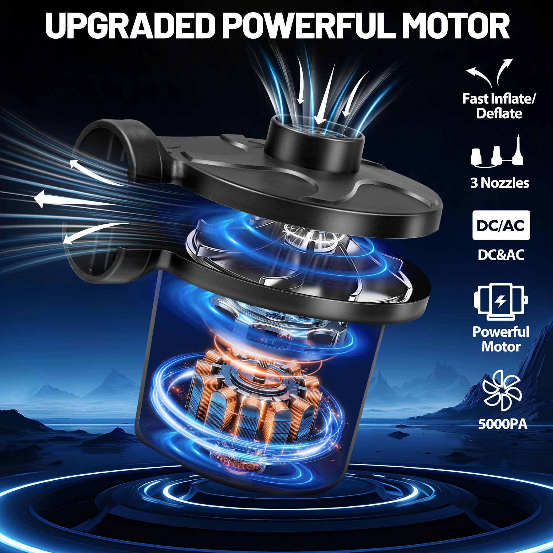 AearKing Inflador Electrico Colchon Hinchable, 2 en 1 Bomba de Aire Eléctrica Portátil con 3 Boquillas, Hinchador Electrico Piscina Hinchable con 2 Enchufes 110V-240V AC/12V 50W DC para Casa y Coche
