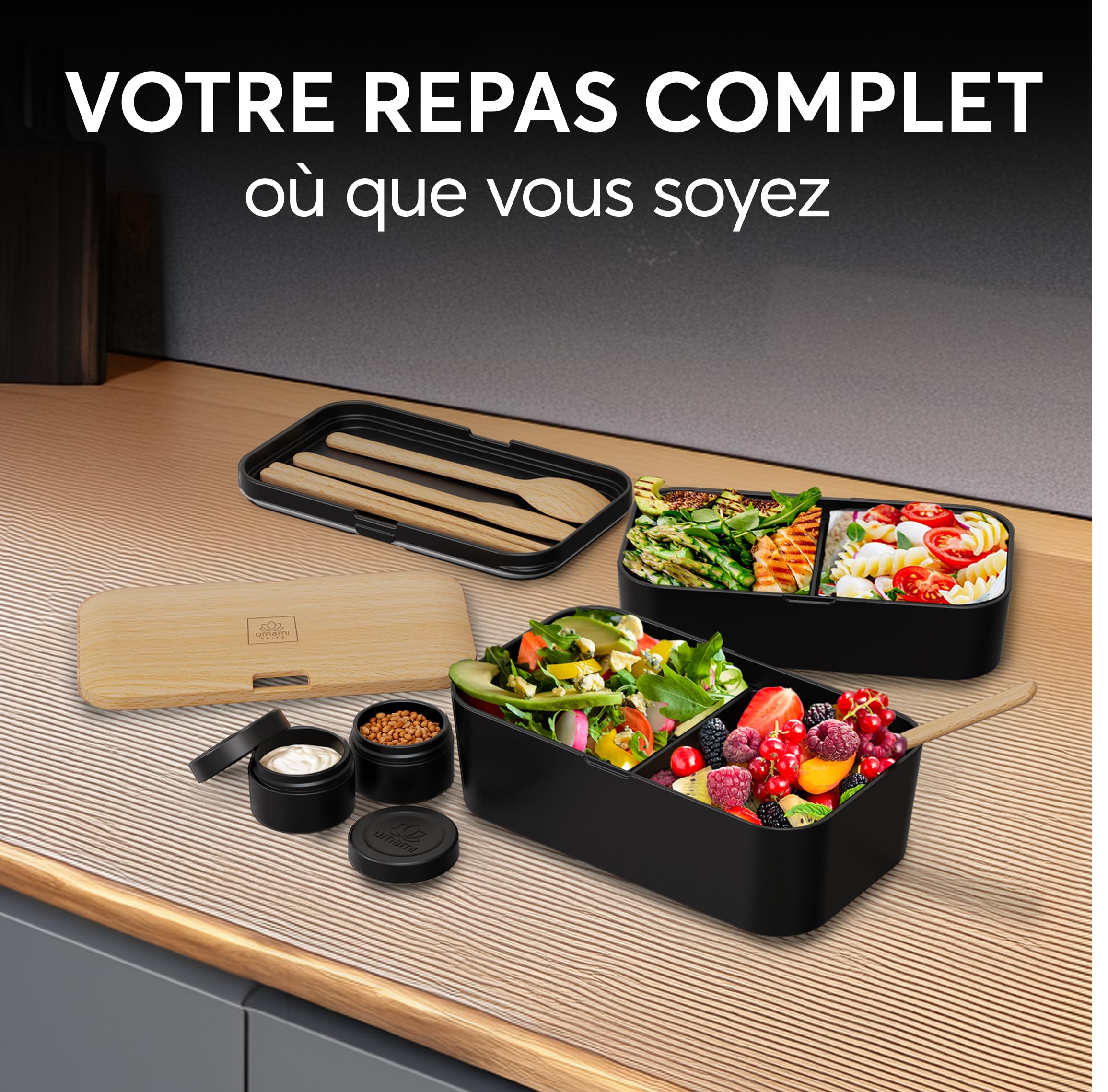 Umami Bento Lunch Box, Couverts & 2 Pots à Sauce Inclus, Boîte Repas Encastrable, Lunchbox Micro-Ondable, Boîte à Lunch Adulte Compartimentée, Bento Box, Hêtre Noir, 1500 ml