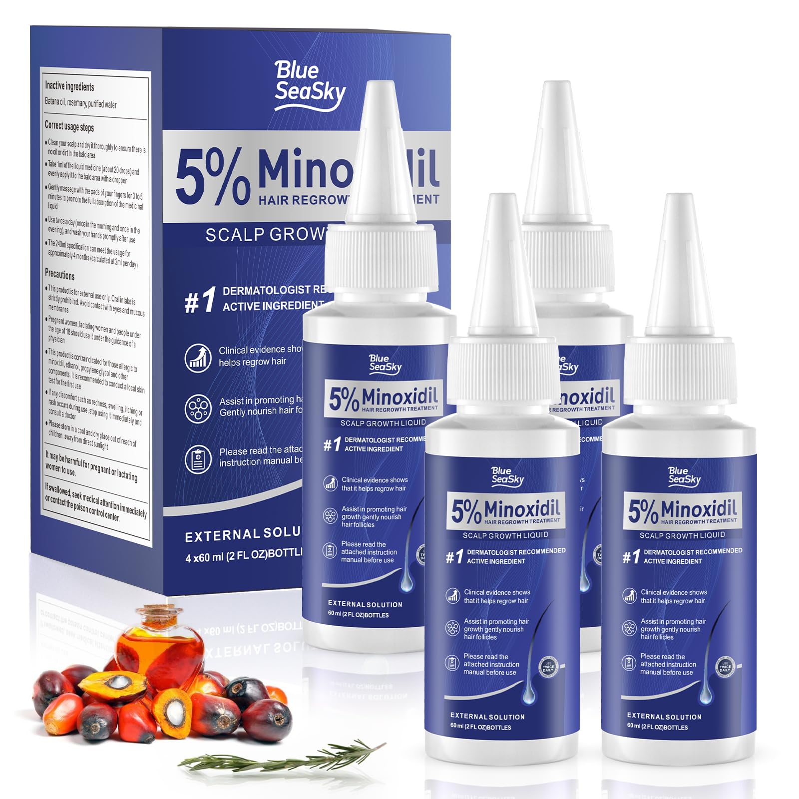 5% Minoxidil Hair Regrowth Serum with Biotin & Rosemary Oil, Unscented 4-Pack