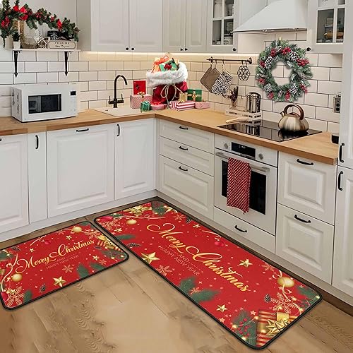 Miniatura 7 de Juego de 2 alfombras y tapetes de cocina de Navidad, decoraciones de Navidad para el hogar, con parte trasera antideslizante, tapete de cocina de