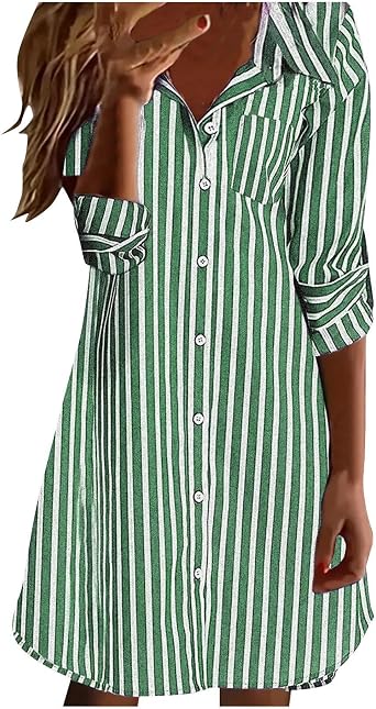 Womens Long Sleeve Striped Shirt Dress 2026 Spring Button Down Dresses Casual Office Work Blouses Dress
