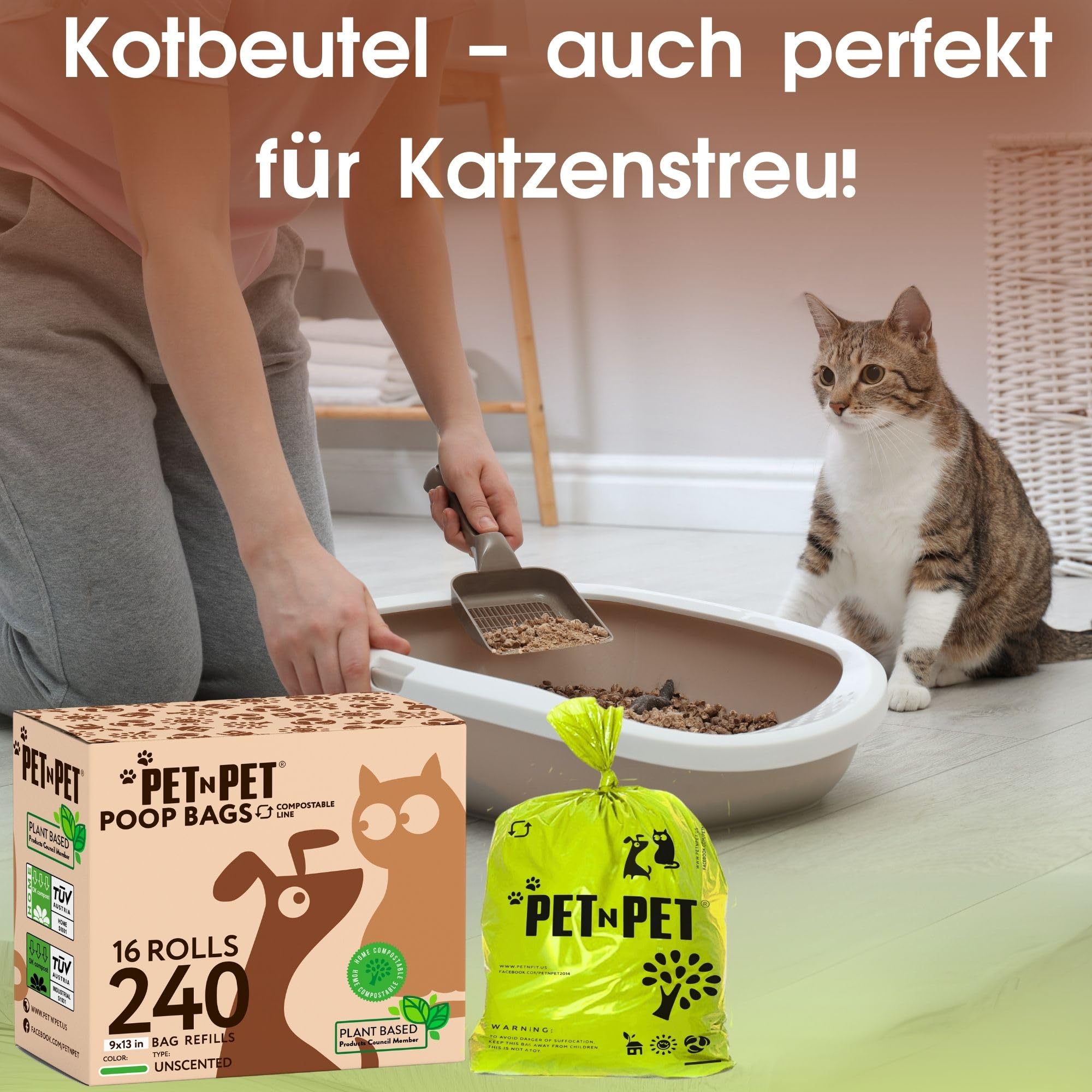 PET N PET Kompostierbare Hundekotbeutel, 240 Stück, 16 Rollen kotbeutel | 100% kompostierbar, Extra reißfest, Auslaufsicher, kotbeutel für hunde & Katzenstreubeutel, Auf Rollen