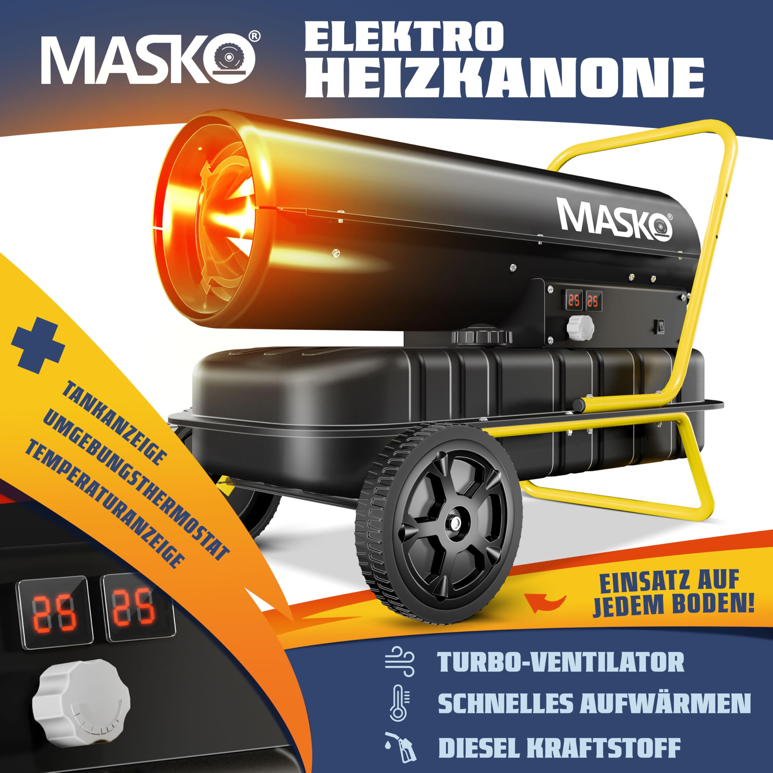 Masko® Cañón de calefacción 30 kW, secador de construcción, Calentador de Aire Caliente, Calentador de Ventilador, Tanque de 34 l con termostato, Calentador de Aceite, Amarillo/Negro