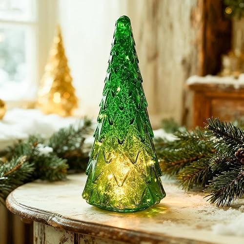 Miniatura 3 de vskikris Decoración de árbol de Navidad de mesa, 12 pulgadas de alto, árbol de Navidad LED de vidrio soplado verde, decoración de luz navideña para