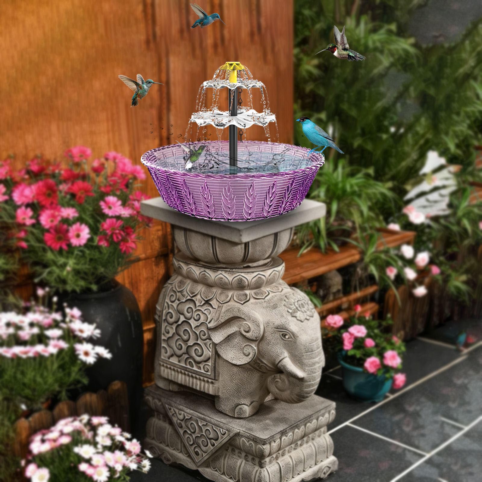 Fuente solar para pájaros con pantalla fascinante, fácil de instalar, pequeña fuente para exteriores funciona con energía solar