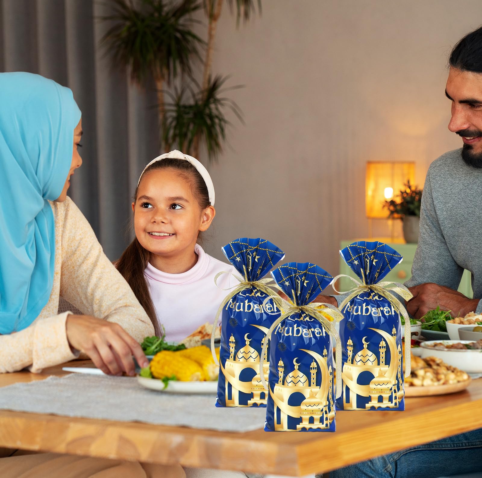 Whaline 100 Pcs Eid Mubarak Cellophane Bags with Ribbon Ramadan Plastic Treat Bags Blue Gold Candy Goodie Bags for Islamic Muslim Party Snack Cookie Packing Supplies