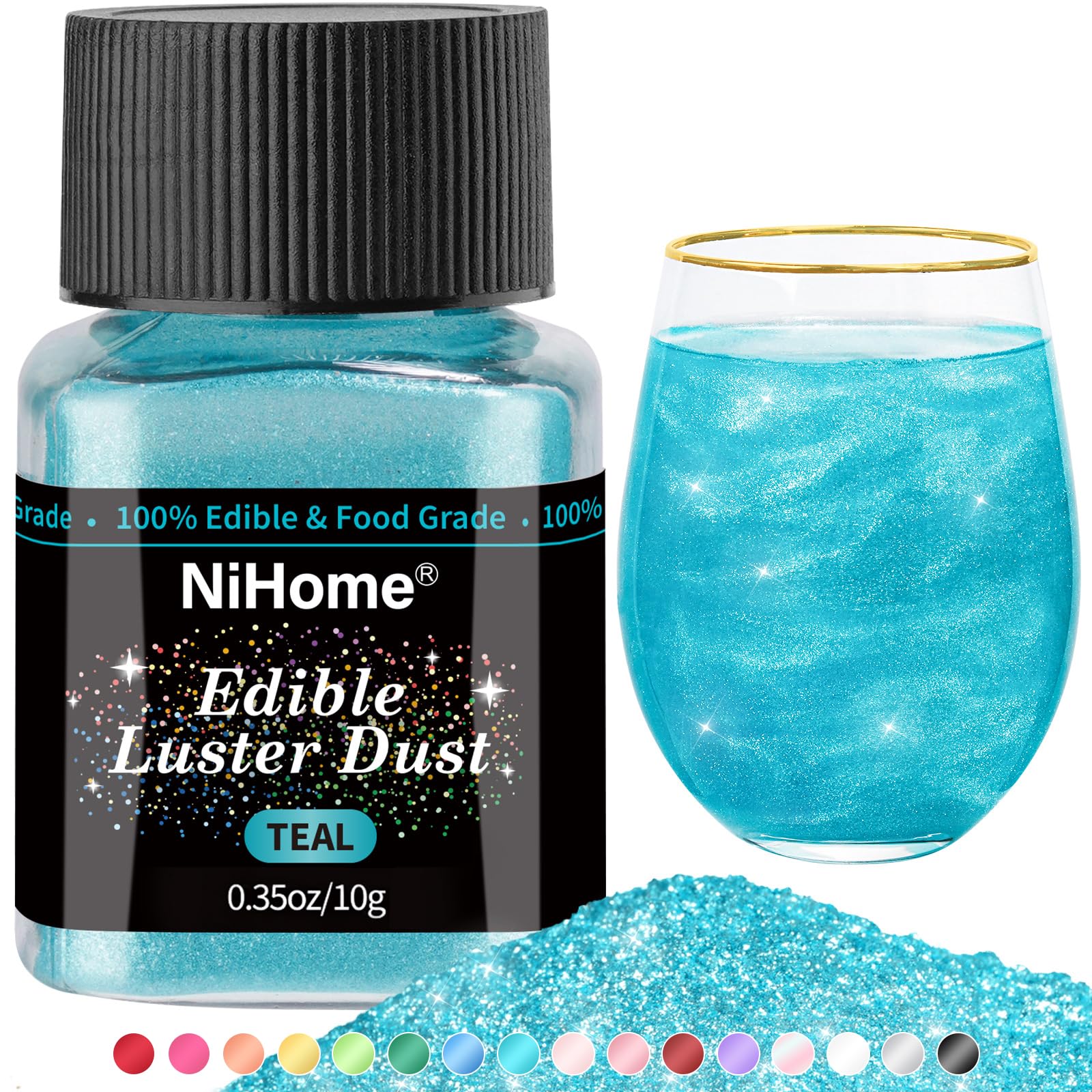 NiHome Edible Food-Grade Glitter Powder Glimmer Luster Dust Metallic Fancy Food Decorating Sprinkle Glimmery Dust for Drink Wine Beverage Cake Bakery Vegan Allergen-Free (Teal, 0.35oz/10g)