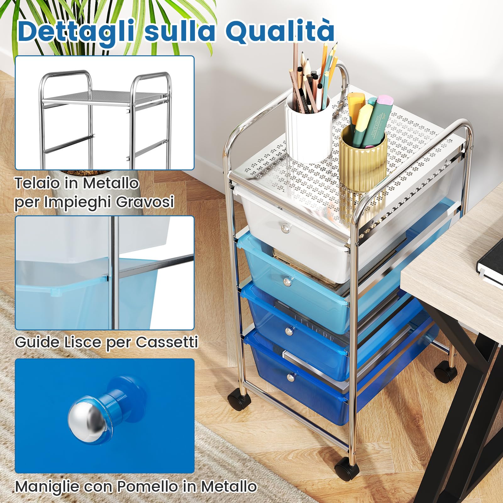 COSTWAY Carrello Portaoggetti con 4 Cassetti, Cassettiera Rimovibili in Plastica, Carrello di Stoccaggio con Ruote per Casa Bagno e Ufficio, 37x32x76 cm (Blu)