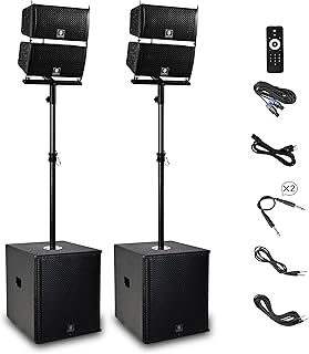 RECK 6000W P.M.P.O Sistema de altavoces PA estéreo de 15 pulgadas con alimentación de DJ, 4 altavoces de matriz de línea y dos subwoofers de 15 pulgadas con Bluetooth/USB/SD tarjeta/control remoto
