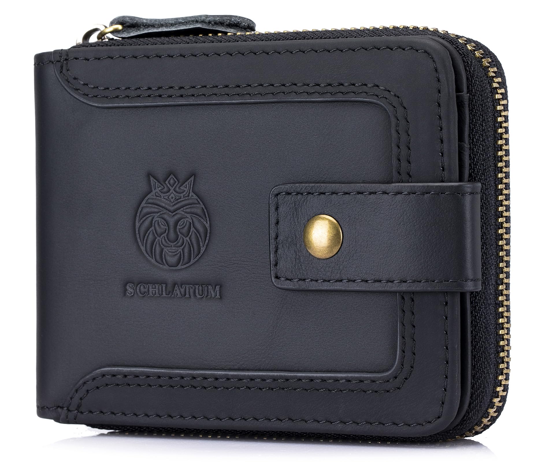 SCHLATUM Genuine Leather Zipper Wallet for Men RFID Blocking Large Capacity Classic Wallet with Coin Pocket ID Window, Black