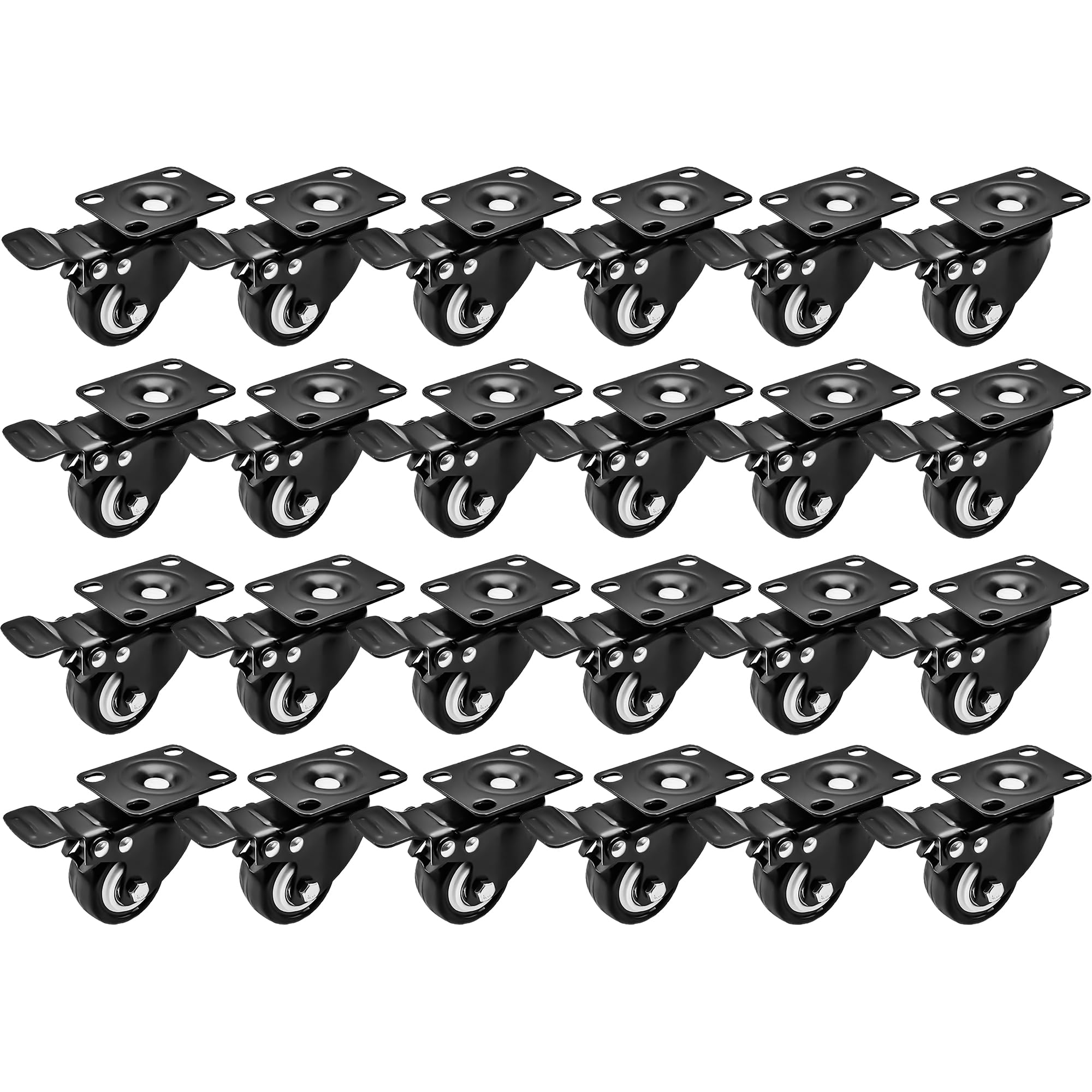 Online Best Service 24 Pack Swivel 1.5" Caster Wheels Rubber Base with Top Plate & Bearing Heavy Duty with Total Lock Brake (24 Pack with Brake)