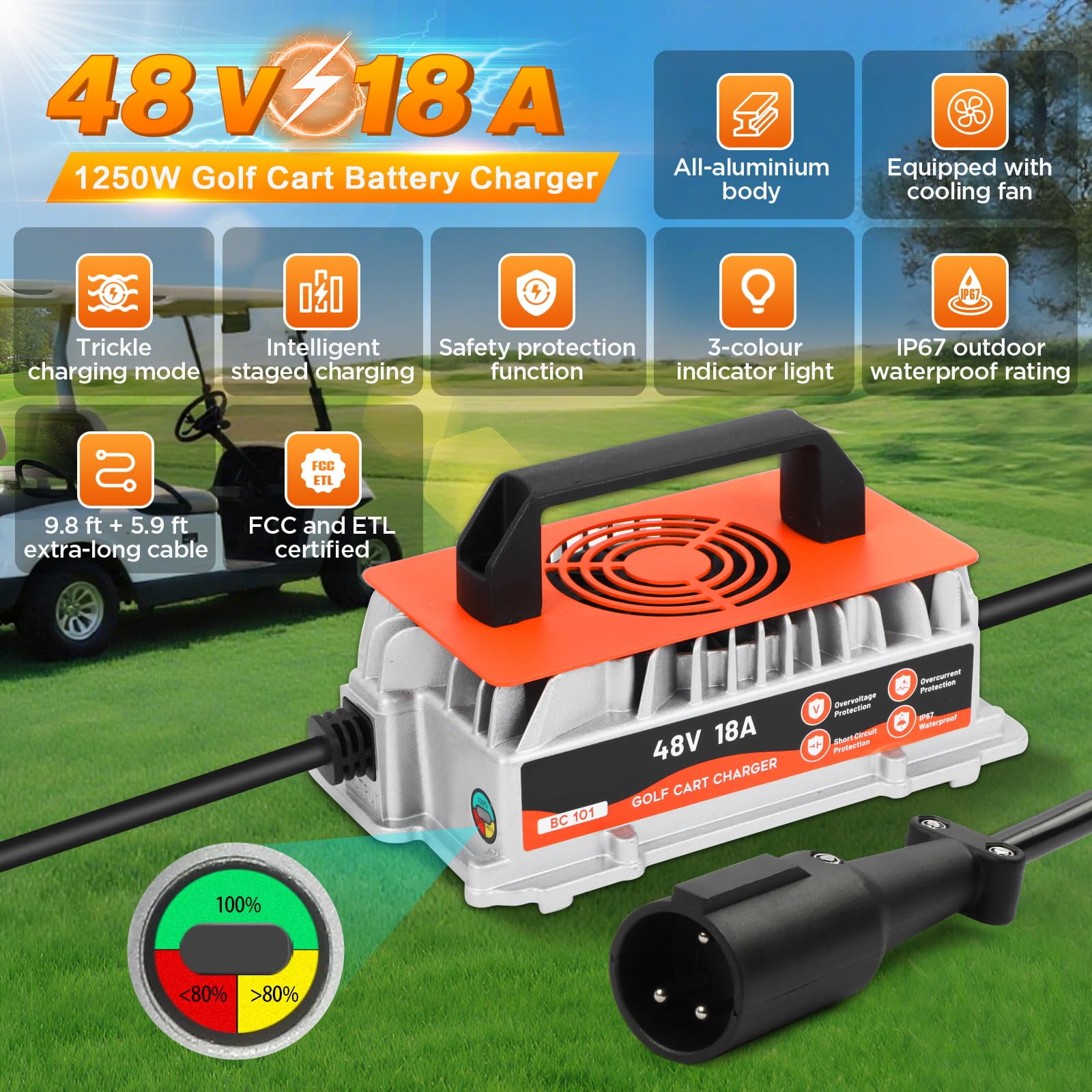 KAISAL Caricabatterie 48V 18A per Golf Cart Club Car, Caricabatterie Impermeabile IP67, Ricarica Intelligente Automatica a 5 Fasi, Caricabatterie per Batterie al Piombo-acido 48V, Spina Rotonda 3 Pin