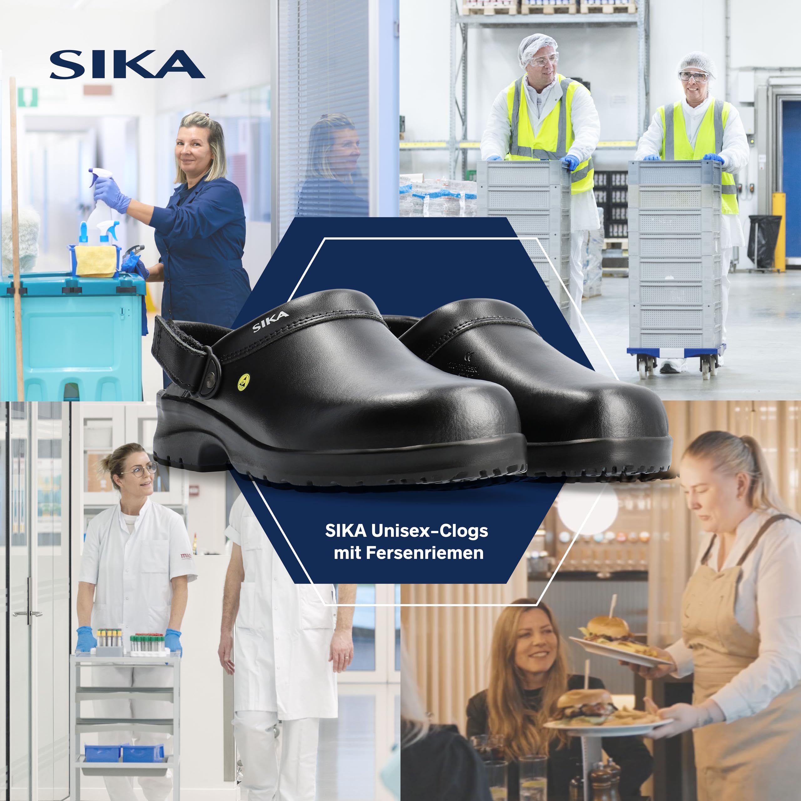 SIKA Unisex-Clogs mit Fersenriemen, rutschfeste Arbeitsschuhe, Permair-Leder, stoßdämpfende Sohle, ESD-geprüft, waschbare Innensohle, professionelle Clogs für die Lebensmittel- & Reinigungsindustrie