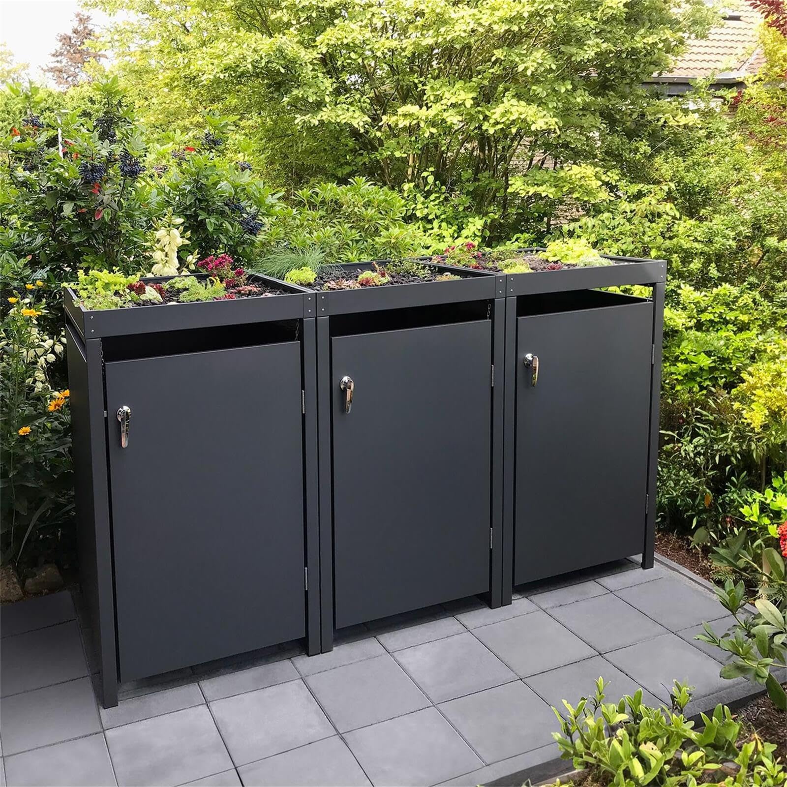 Metzler Mülltonnenbox in Anthrazit mit Pflanzdach 3er 240L, Mülltonnenverkleidung 3 Tonnen, witterungsbeständiger und pulverbeschichteter Stahl mit Automatikdeckel, abschließbar, Garten- und Müllbox