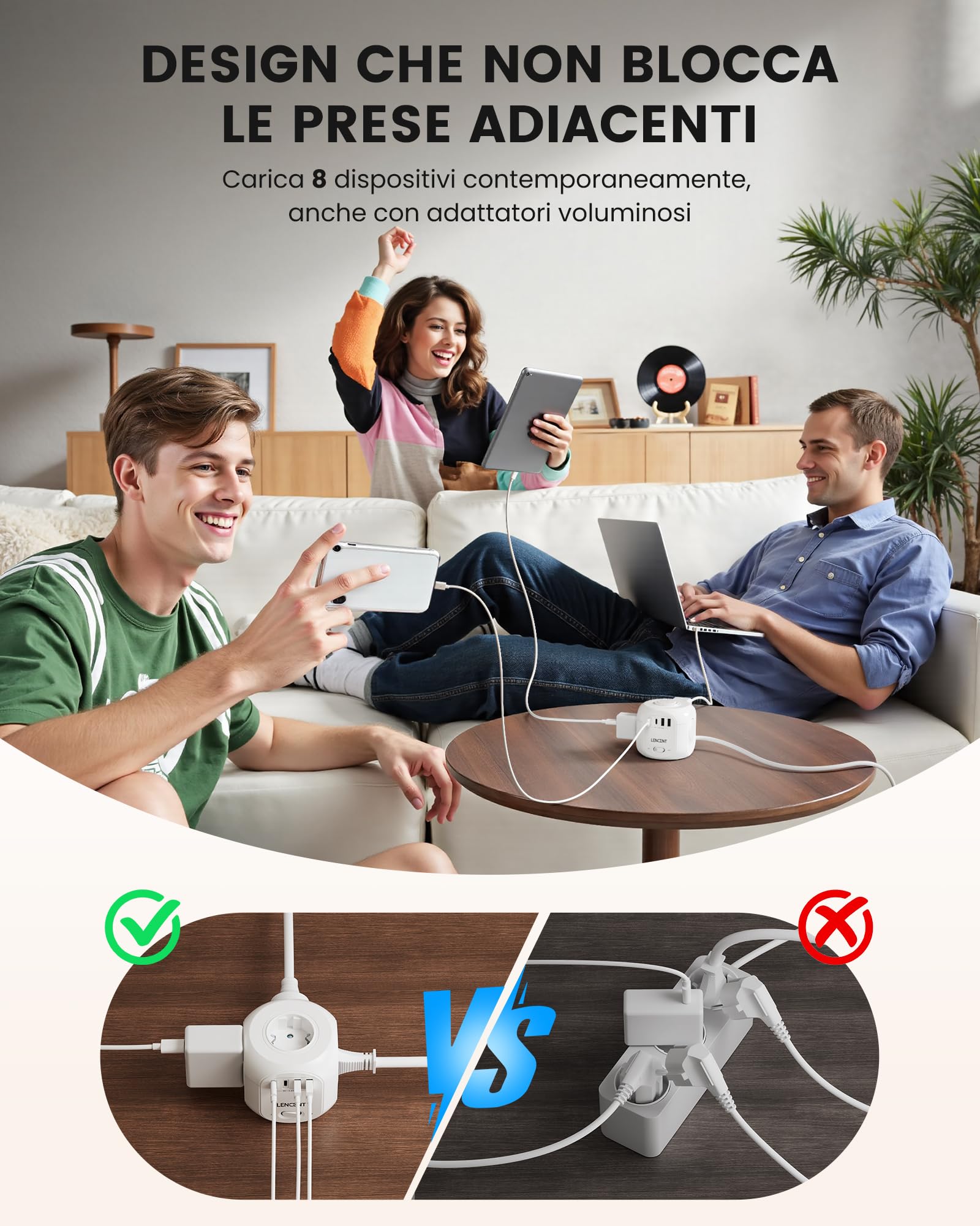 LENCENT 8 in 1 Ciabatta Cubico da 10M, Presa Multipla con Spina Piatta | Ciabatta Elettrica con 4 Prese AC, 2 USB-A e 2 USB-C, Presa Schuko Salvaspazio con Interruttore per Cucina Casa Ufficio