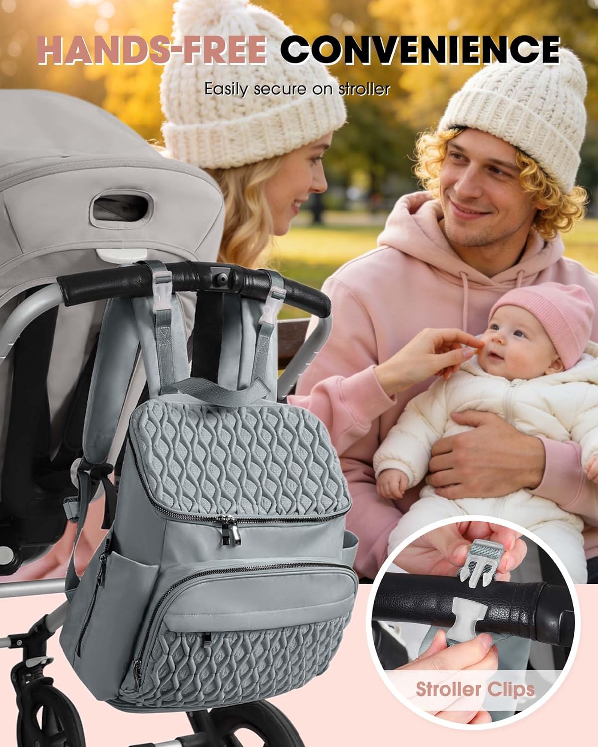 Baby Diaper Bag, Multi-Function Baby Bag for Mom Dad, Diaper Backpack with Changing Pad Stylish Pañaleras para Bebe Stroller Straps, Newborn Baby Essentials Must Haves for Women Grey Green - Image 5