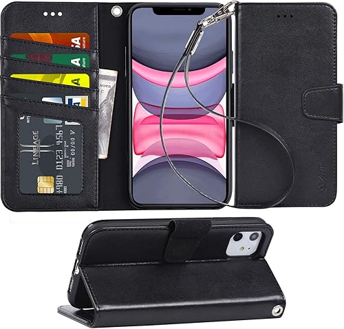 Arae Funda para iPhone 11 Funda tipo cartera con tarjetero de piel sintética con correa para la muñeca y 4 ranuras Bolsillo para tarjetas de