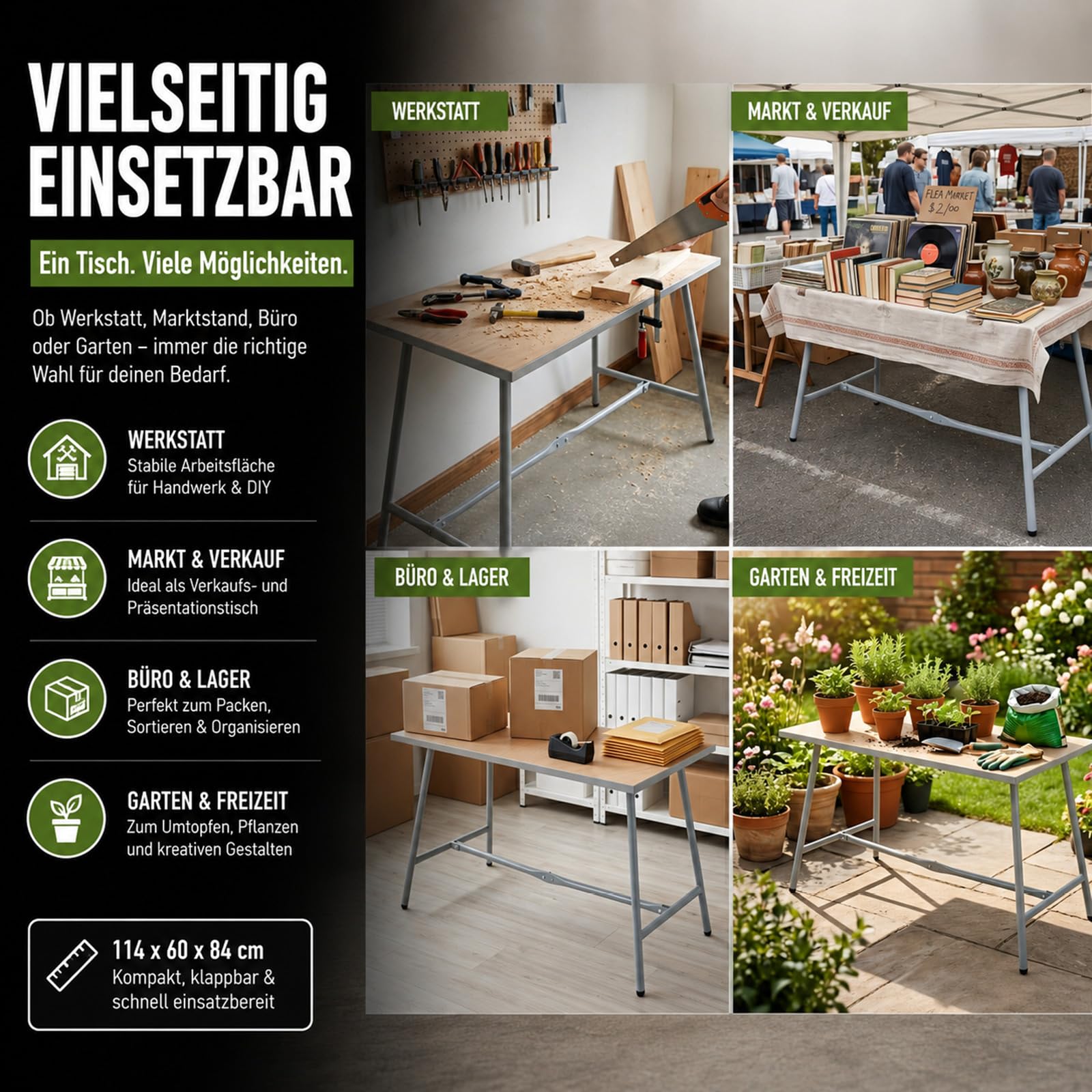 TRUTZHOLM Werkbank klappbar 114x60x84 cm Stabiler Werktisch bis 150 kg pulverbeschichtetes Stahlgestell grau mit 2,4 cm Holzarbeitsplatte Klappwerkbank Arbeitstisch für Werkstatt Garage Montage Lager