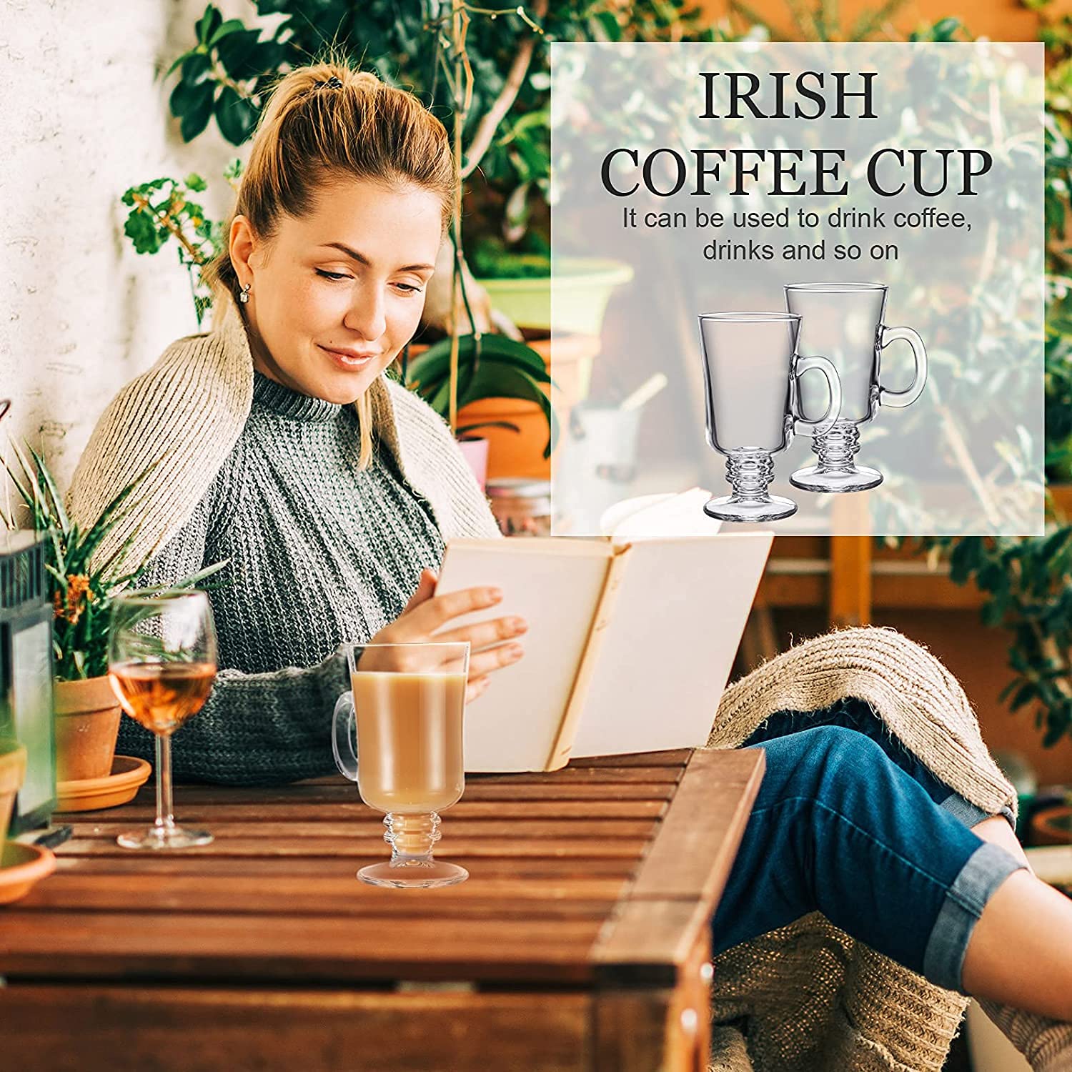 KELVEE Irish Glass Coffee Mugs, Latte Cups, Set of 2 Cappuccino and Hot Chocolate Mugs with Handle, Clear Glass Mugs for Hot Beverages - 300ML 4