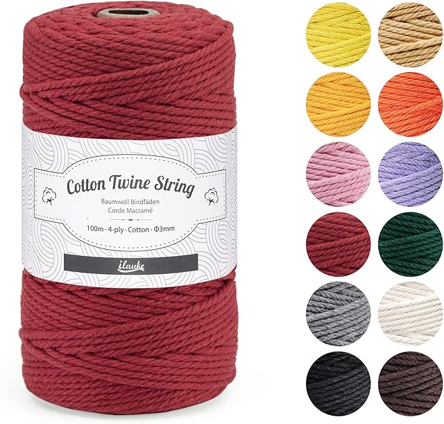 ilauke 3MM Cotton Macrame Rope Cord,100M Red DIY Craft Cord Cotton Rope for Handmade Plant Hanger, Wall Hanging Craft Making, Crafts, Home & Wedding Knitting Decorative Projects.