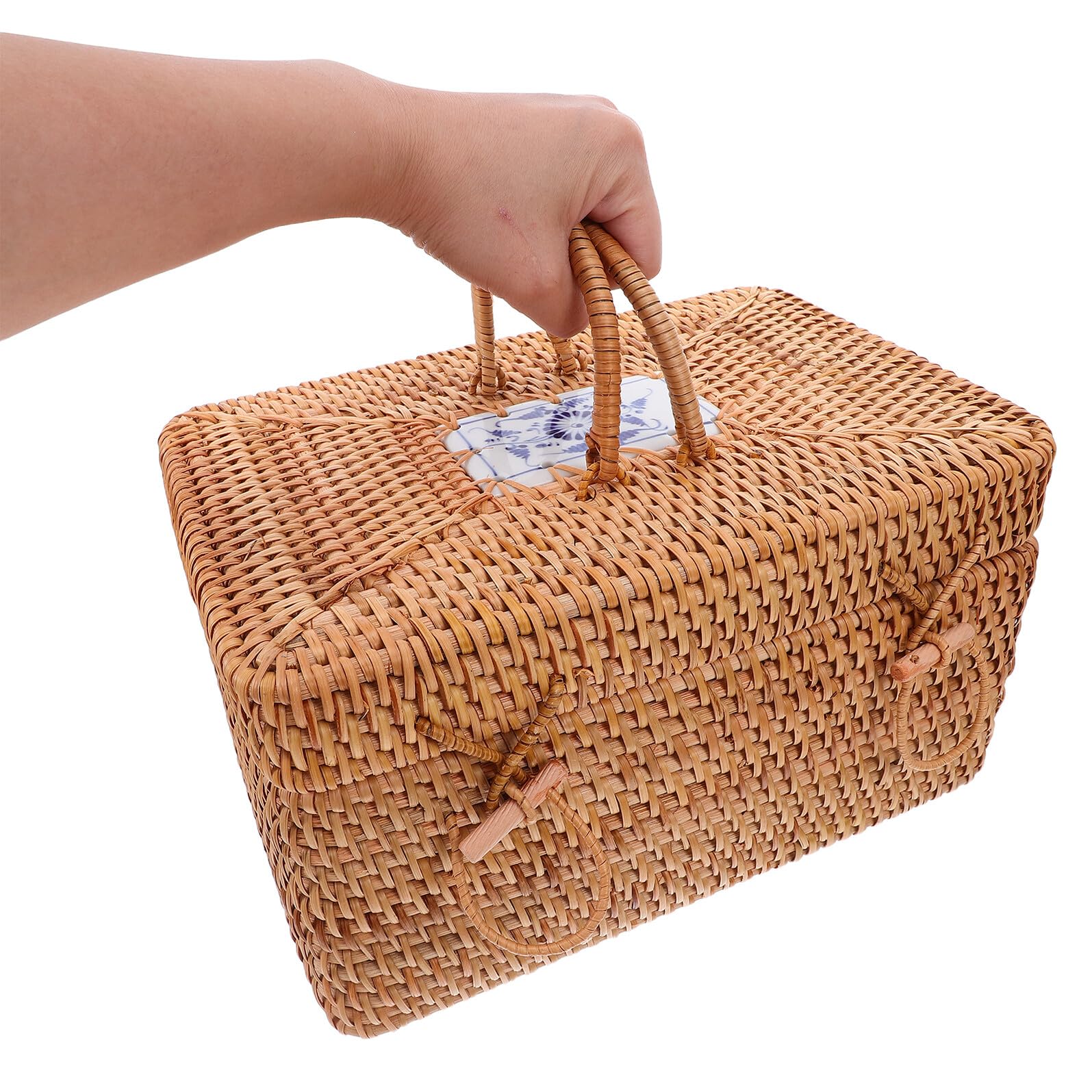 Cesto da Picnic in Rattan Intrecciato con Manico Porta Snack e Frutta Scatola di Stoccaggio Boho in Stile Country Contenitore Spazioso per Campeggio e Feste all Aperto Elegante