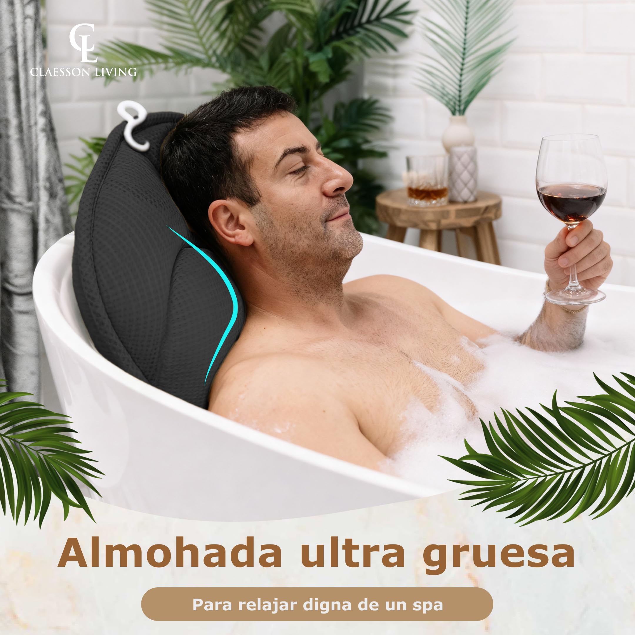 Cojin bañera (152x56cm) - Almohada bañera con apoyacabezas (11cm) y Soportes para el Cuello, Espalda y piernas – Incluye: Bath Pillow, Bolsas de Lavado y de Viaje, Gancho para Secado rápido Negro
