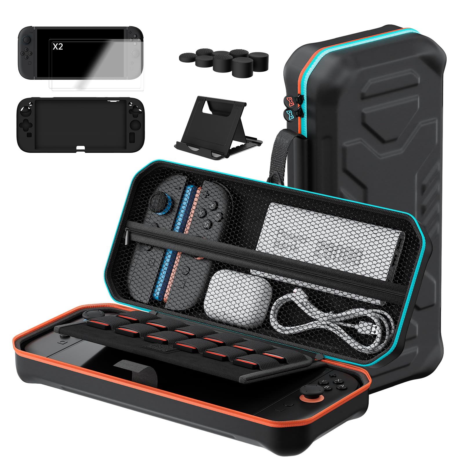 Hosanwell Funda 13 en 1 para Nintendo Switch 2, Que Incluye 2 Pantallas de Cristal Templado, Funda Protectora de Silicona, Tapas para Joystick y Soporte, Estuche rígido para Switch 2
