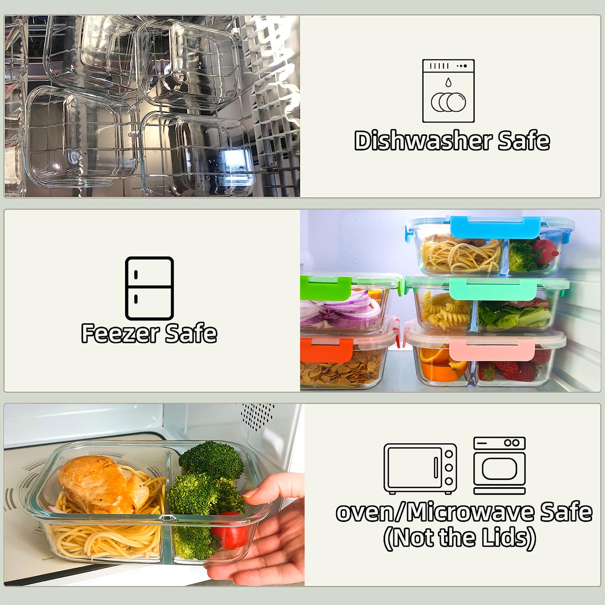 5 paquetes de recipientes de vidrio de 880 ml, 2 compartimentos, recipientes de vidrio para almacenamiento de alimentos con tapas, cajas Bento de vidrio herméticas, aptos para horno, congelador