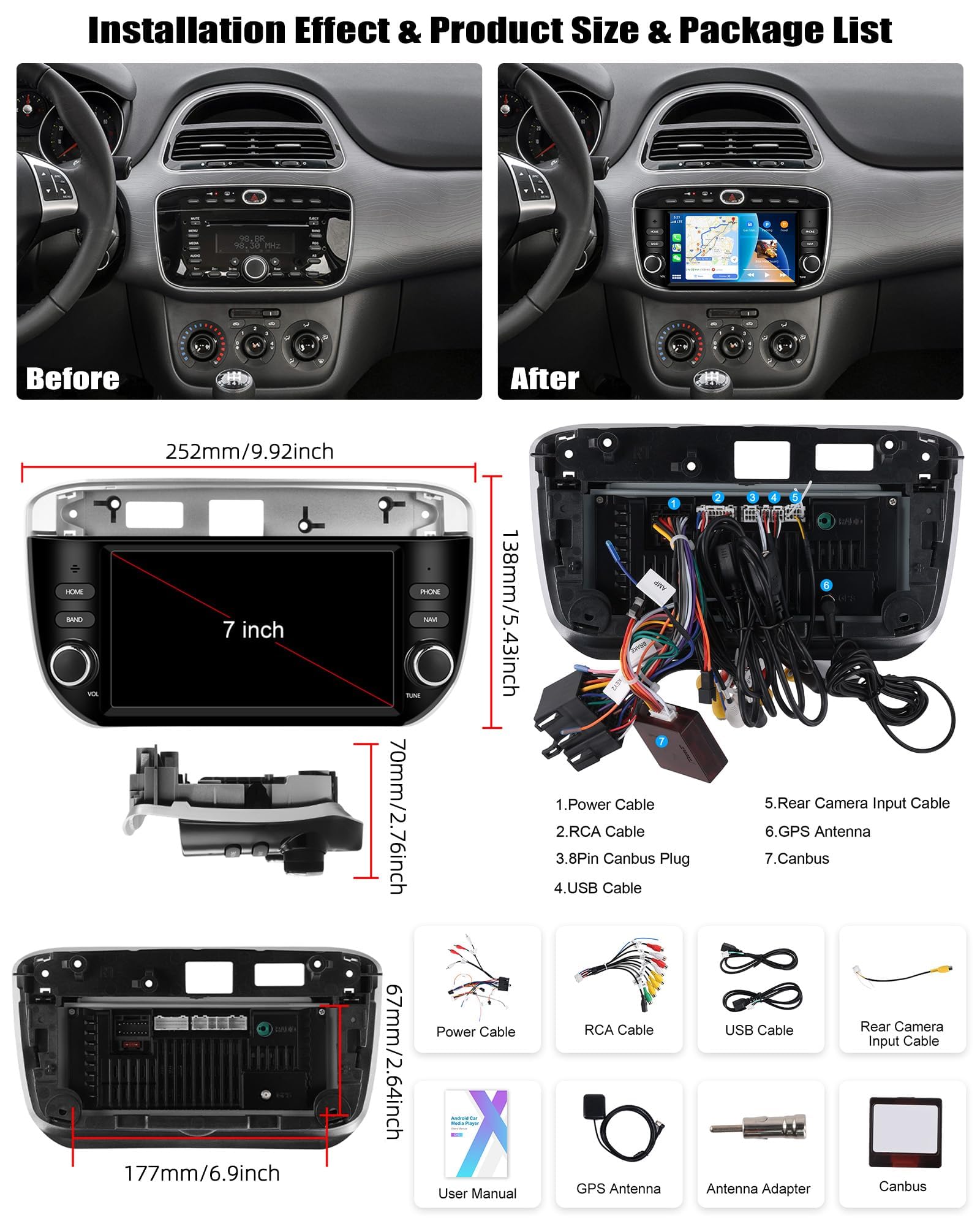 CAMECHO Radio Coche Android para Fiat Punto 2012-2015
