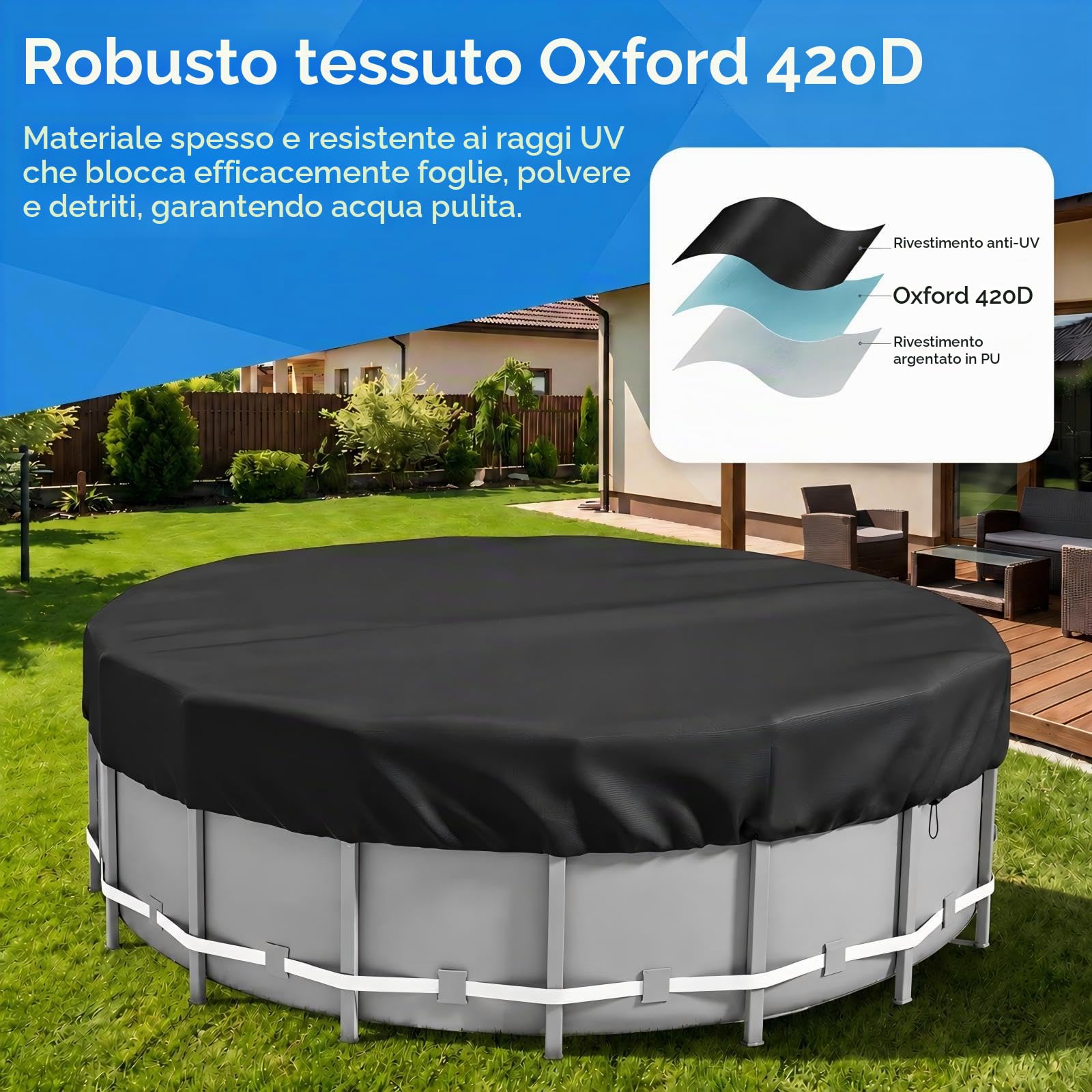 Rotonda Copertura Invernale Piscina 366, Tessuto Oxford 420D Telo Copri Piscina, Anti-UV e Anti-Strappamento Telo di Copertura per Piscina Fuori Terra