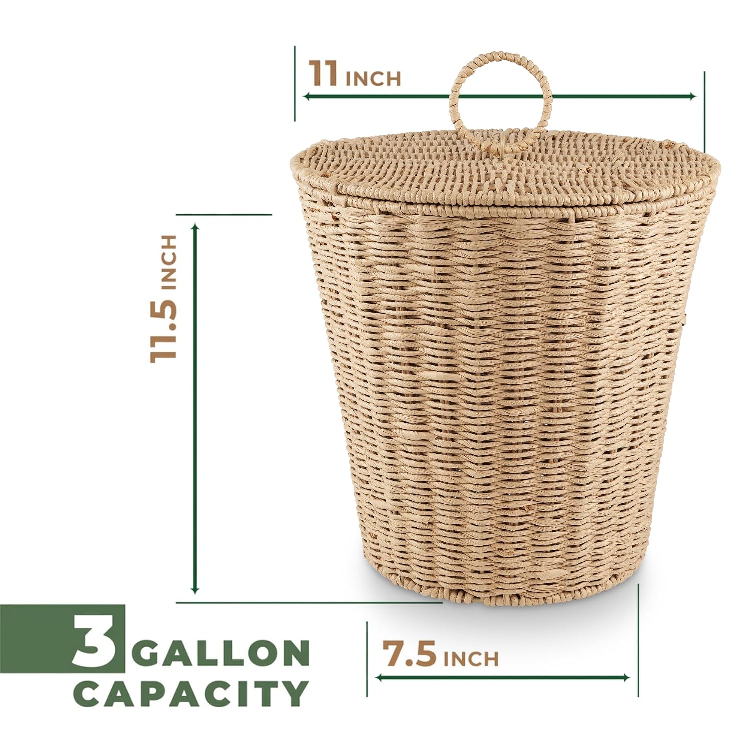 84ECO 3 Gallon Natural Woven Paper Trash Can with Lid and Liner for Bathroom