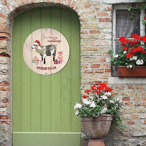 Miniatura 6 de Letrero de metal redondo de bienvenida con texto en inglés "I'm Dreaming A Farmhouse Christmas", diseño de vaca y animales de Navidad, decoración