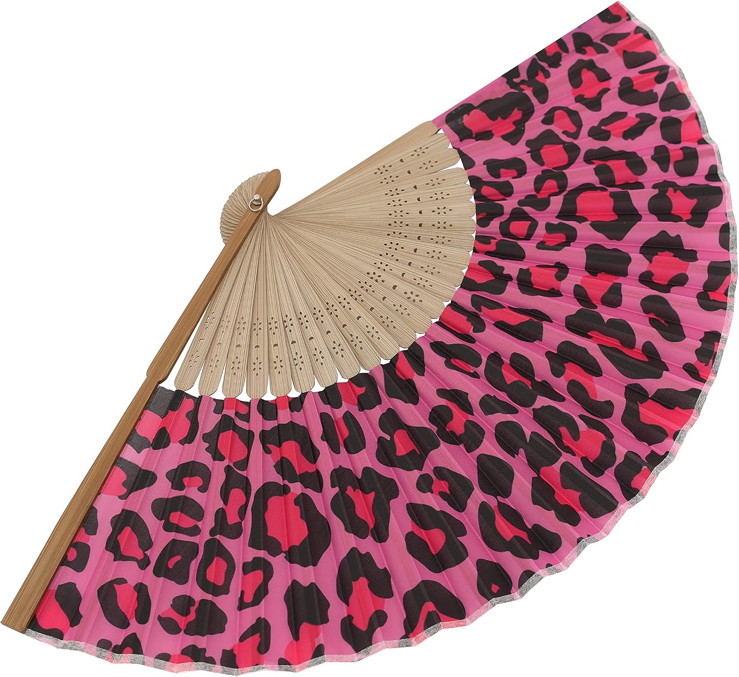 HeyToo Women Held Hand Folding Fan - Bamboo Printed Pattern Foldable Fan - Ideal for Decoration, Wedding, Themed Anniversary Party, Church, EDM, Festivals, Dancing and Gifts (Pink Leopard) image 5