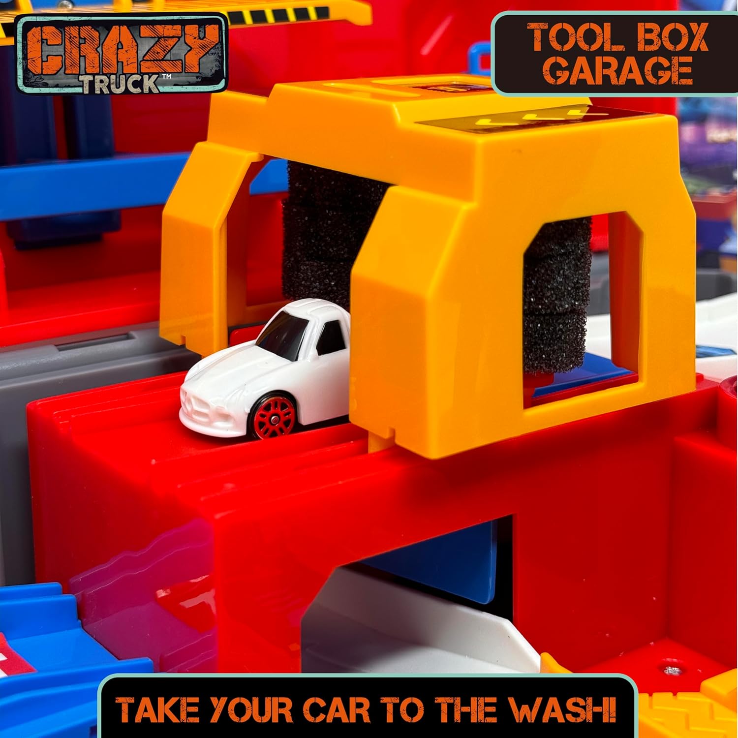 Thin Air Brands Crazy Truck 28 Piece Toolbox Garage Playset - Toddler Car Garage Playset with Track, Cars, Car Wash, Elevator, Fuel Station, Mechanic Garage, and More