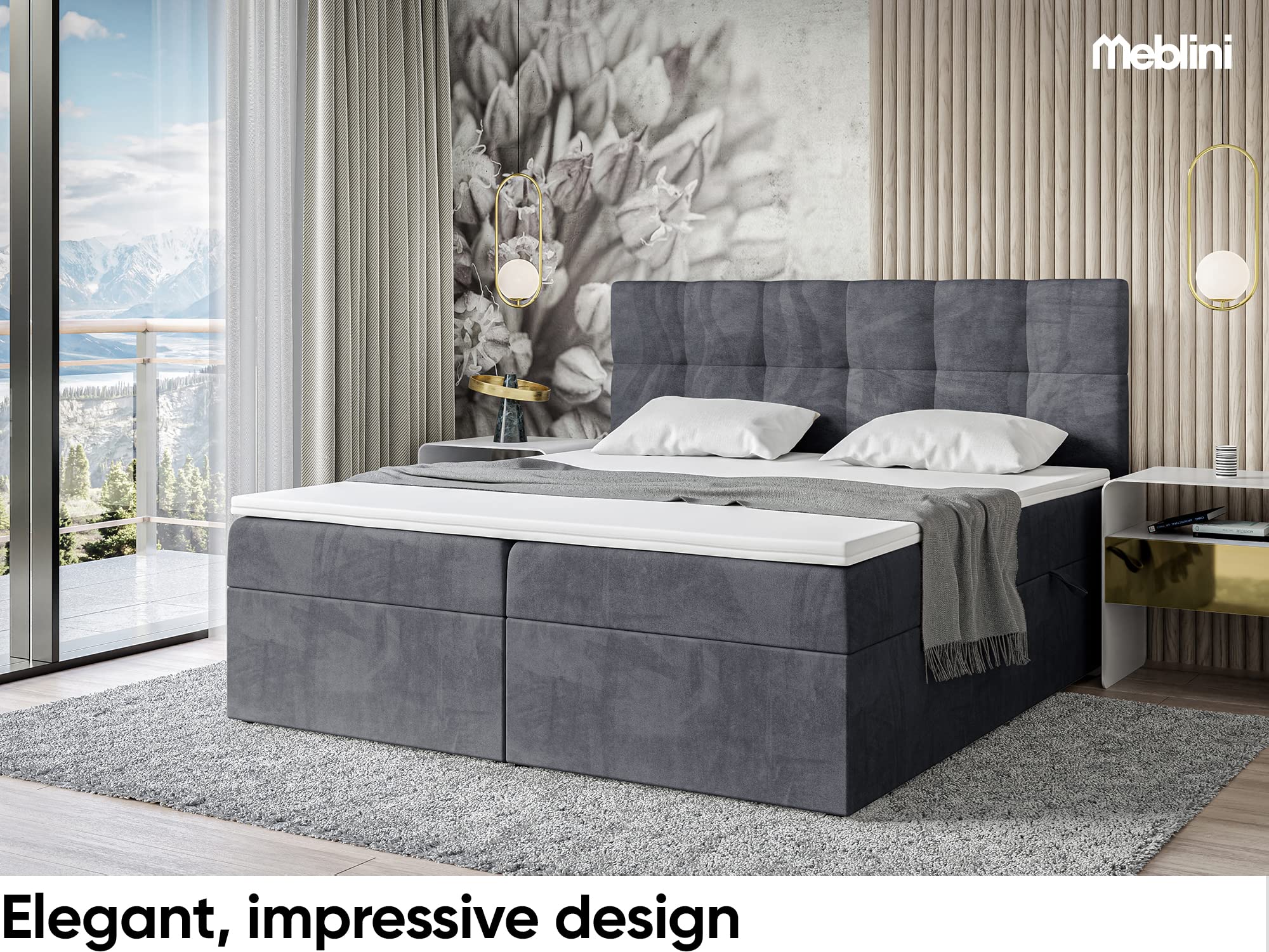MEBLINI Boxspringbett mit Bettkasten - Gepolstert Doppelbett mit Matratze und Topper - Polsterbett mit Stauraum - Bett mit Kopfteil - Stauraumbett - RACO - 160x200 - H4/Dunkelgrau Samt