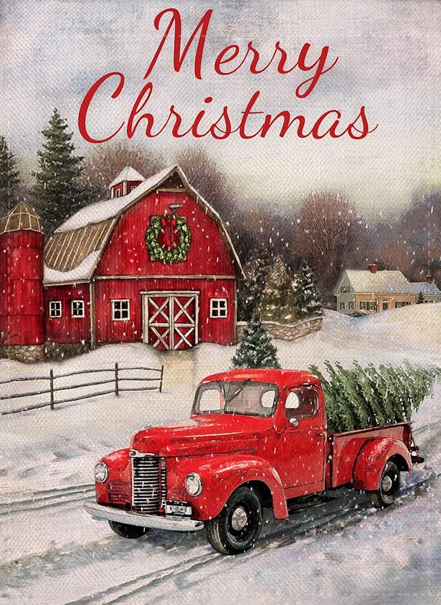 Selmad Home Decorative Merry Christmas Garden Flag Red Truck Double Sided, Winter Rustic Quote House Yard Flag Xmas Pickup, Outside Holiday Yard Decorations, Horses Seasonal Outdoor Flag 12 x 18