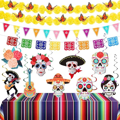 Juego de 30 piezas de decoración del Día de los Muertos, guirnalda de caléndula para fiesta mexicana, mantel de serape, decoración de calavera