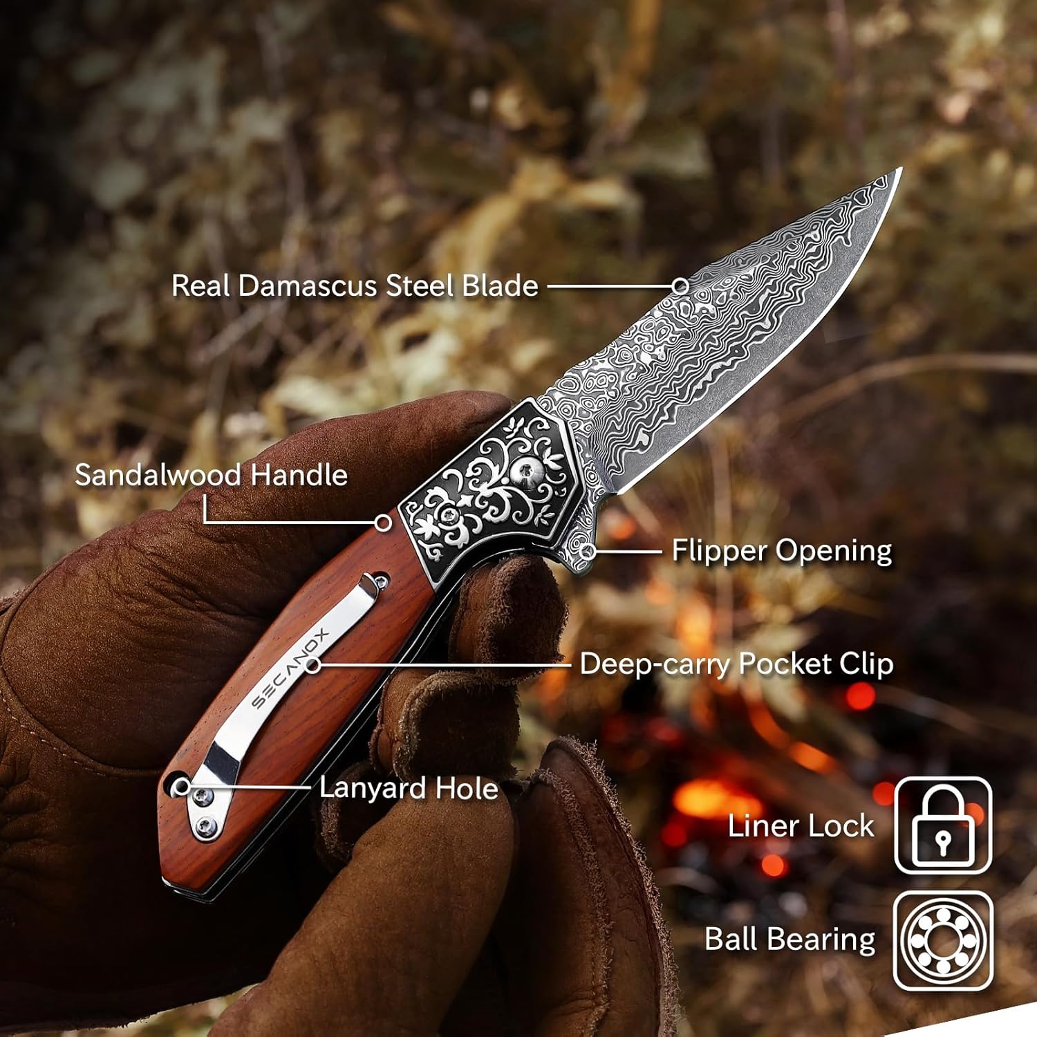 Damascus Pocket Knife for Men, Sharp 3.34" Damascus Steel Blade and Wooden Handle, Folding Knives EDC knifes for Outdoor Camping Hiking