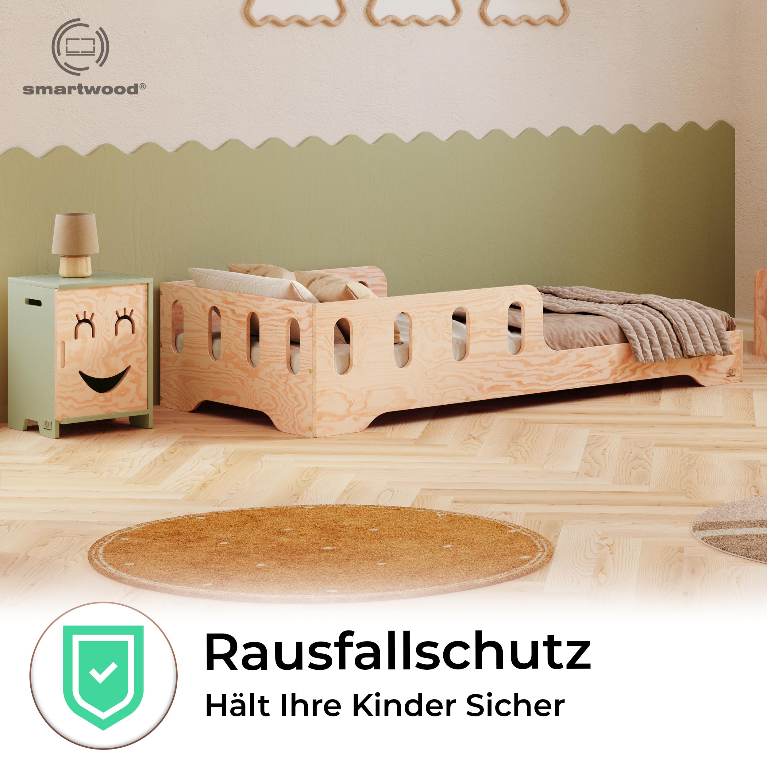 smartwood Kinderbett 140x200 cm - Montessori Bett mit Rausfallschutz & Lattenrost - Kinderbett aus Holz mit FSC-Zertifikat - Bodenbett für Jungen & Mädchen - Einfache Montage - TILA 6
