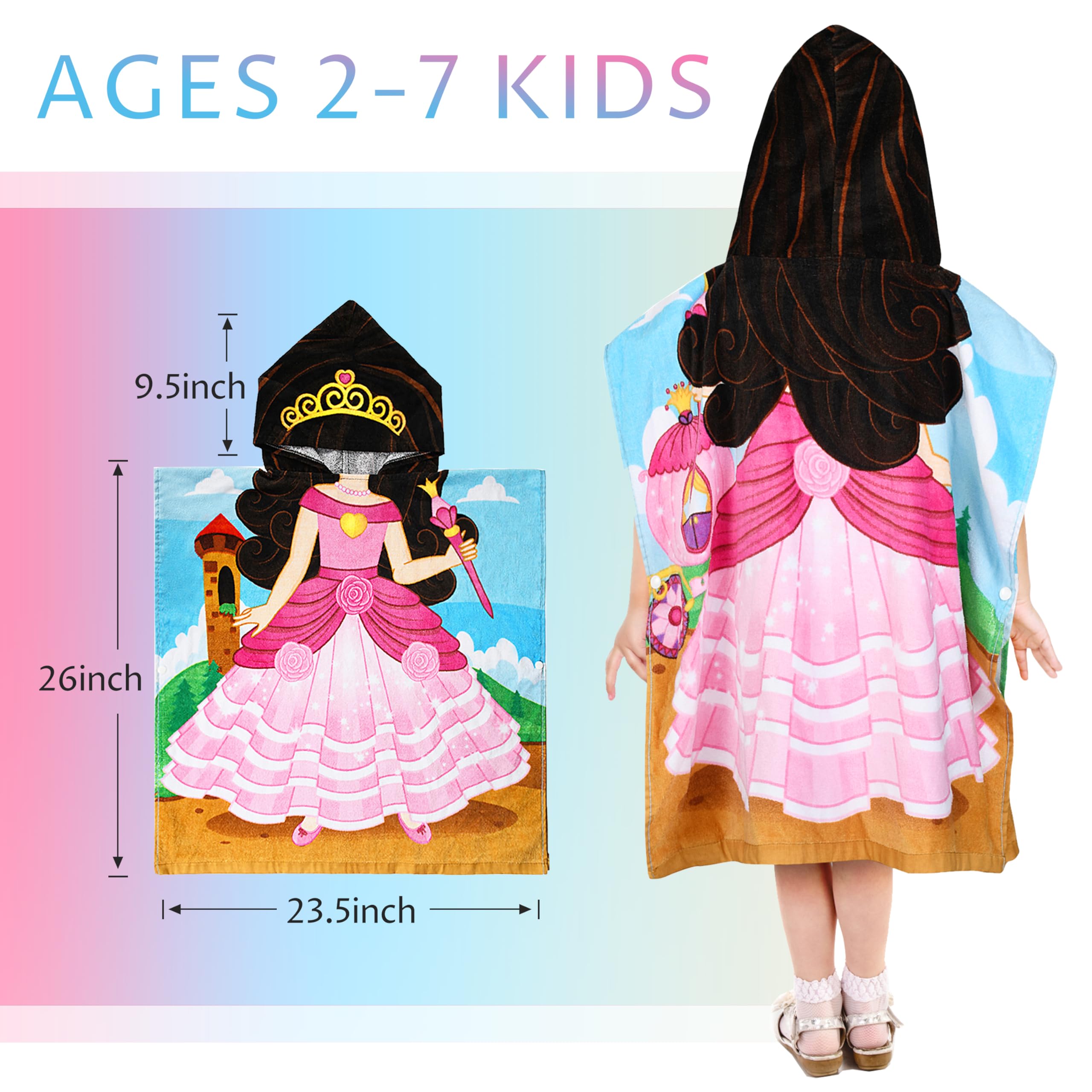Tirrinia Princess - Toalla poncho para niños, toalla con capucha para surfear, playa, baño, natación, regalo para niñas de 2 a 7 años, 24 x 52 pulgadas, 100% algodón