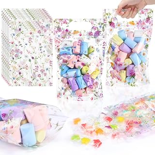 Blosssound 50 Pcs Wildflower Plastic Bags Clear Floral Baby Shower Favor Bags with Handles Flower Theme Sealed Pouches for Wedding Birthday Party Candy Guests Gift Wrapping Supplies Decor (Wildflower)